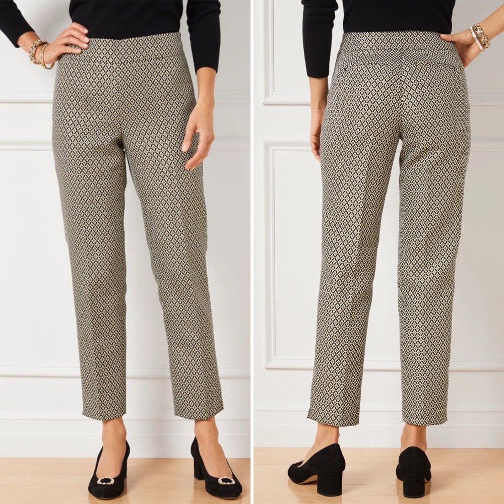 Talbots Slim Ankle Pants 12P 12 petite Medallion Jacquard metallic gold neutral